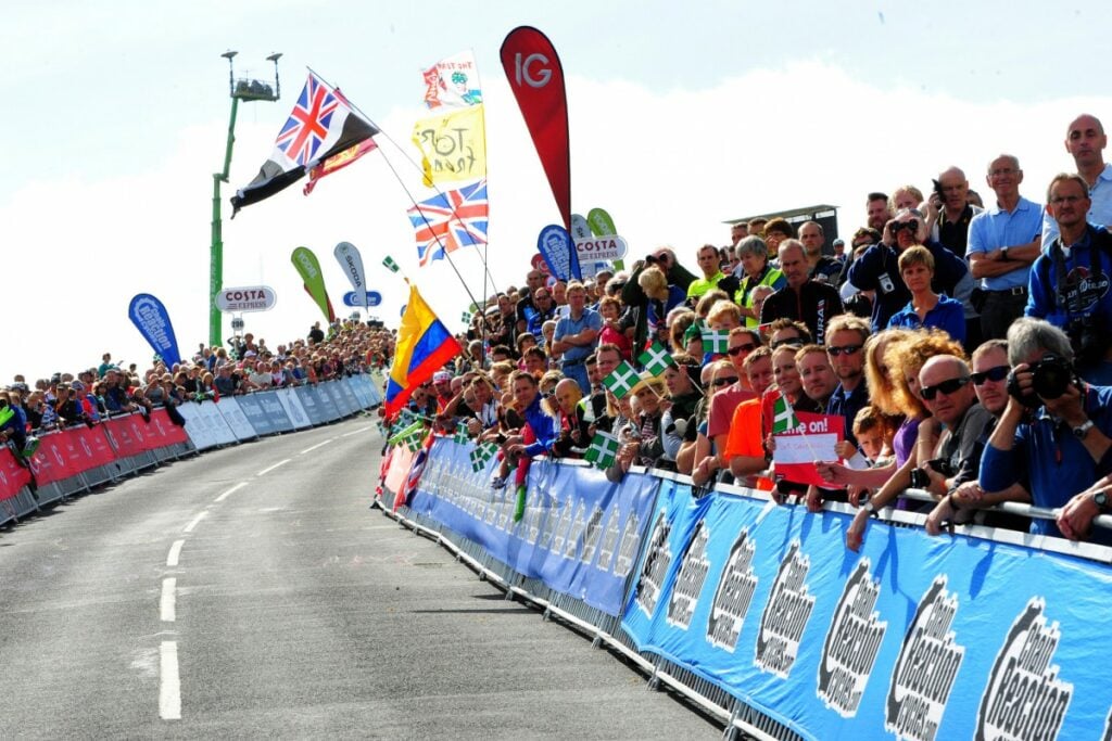 Crowds awaiting the cyclists during the tour of britain