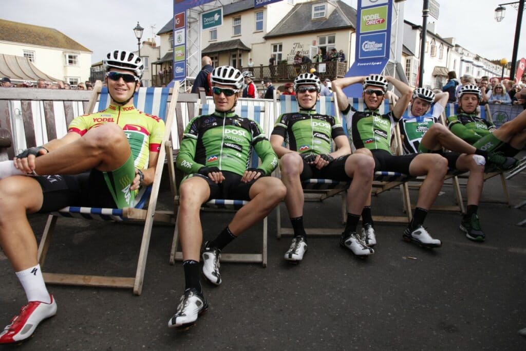 Riders relaxing in deck chairs ahead of the start at Sidmouth