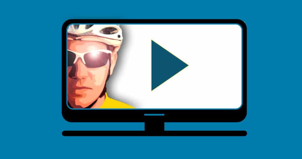 Graphic showing illustration of TV screen with the image of a cyclist and a 'play' button